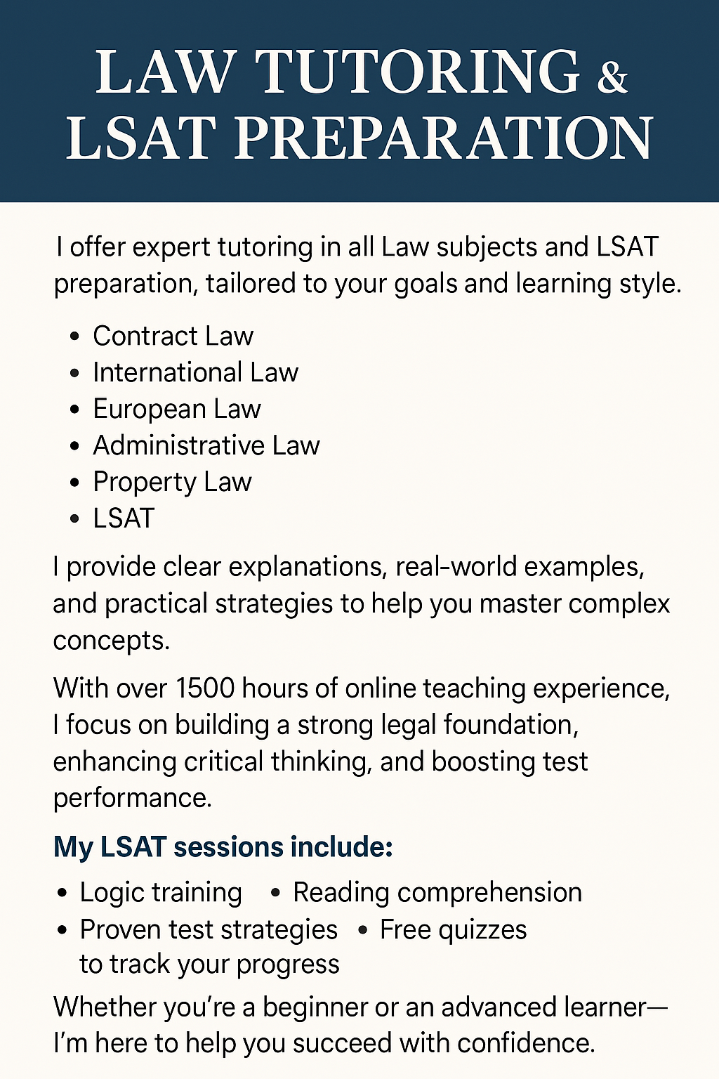 I will teach you all Law subjects and LSAT preparation